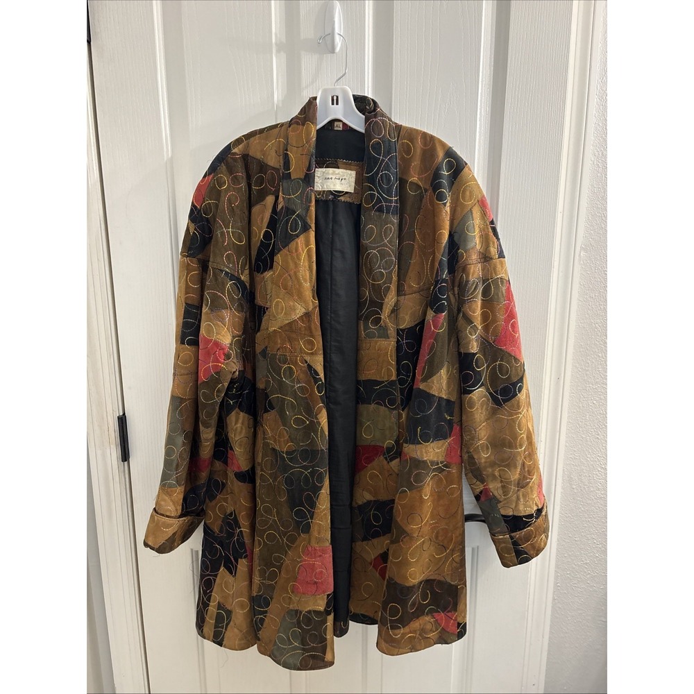 Rare WOMENS Vintage Suede Leather Patchwork And Embroidery  Overcoat XL